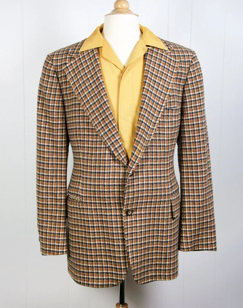 1970's Brown & Navy Blue Houndstooth Blazer, Size L