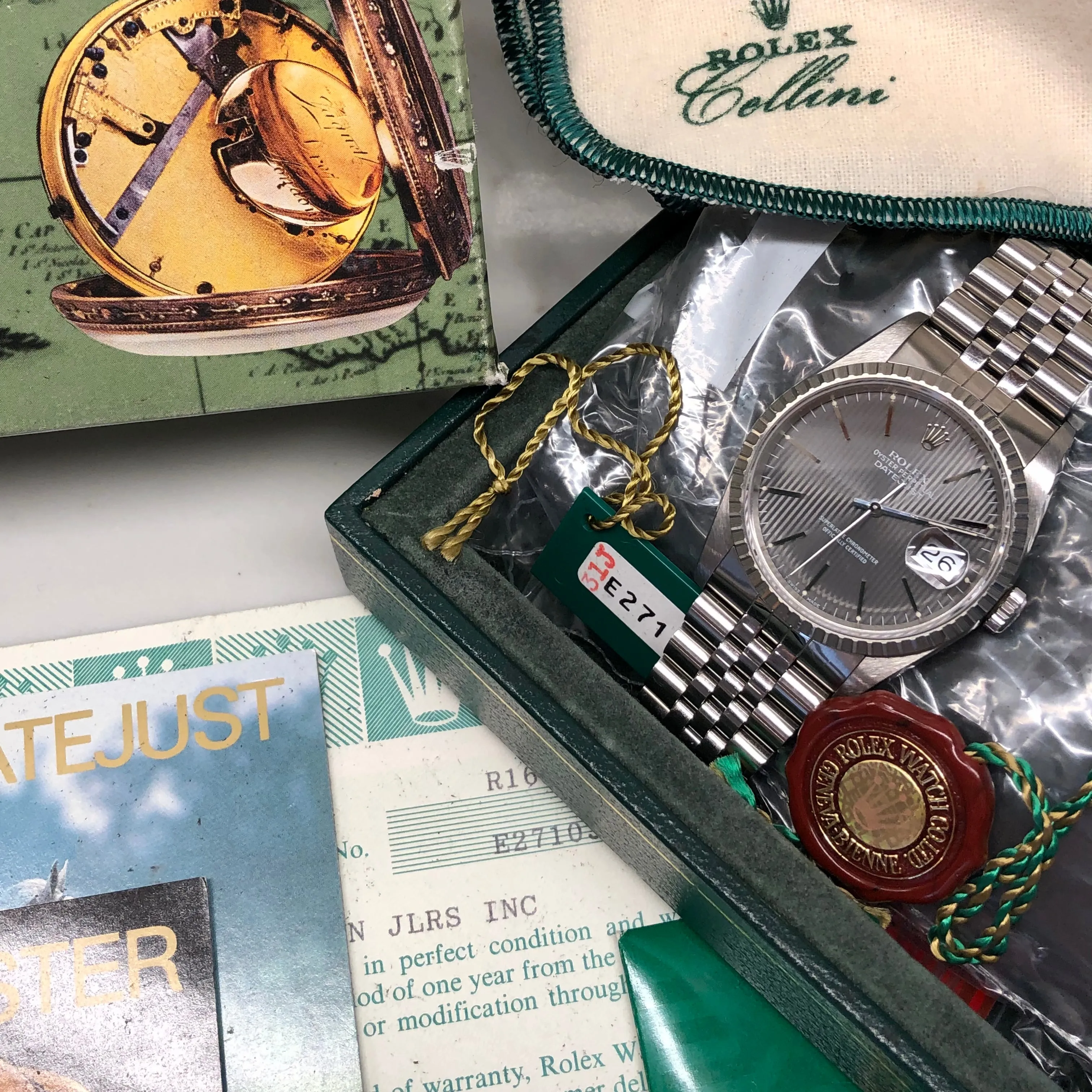 1990 Rolex Datejust 16200 Gray Tapestry Dial Engine Turned Bezel Jubilee Wristwatch Full Set