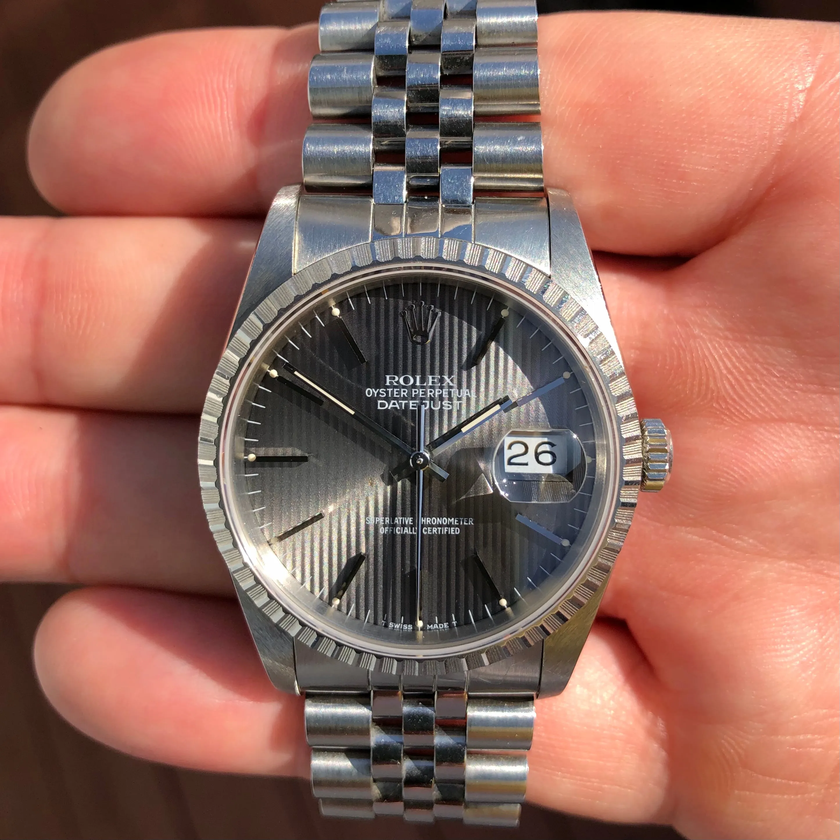 1990 Rolex Datejust 16200 Gray Tapestry Dial Engine Turned Bezel Jubilee Wristwatch Full Set