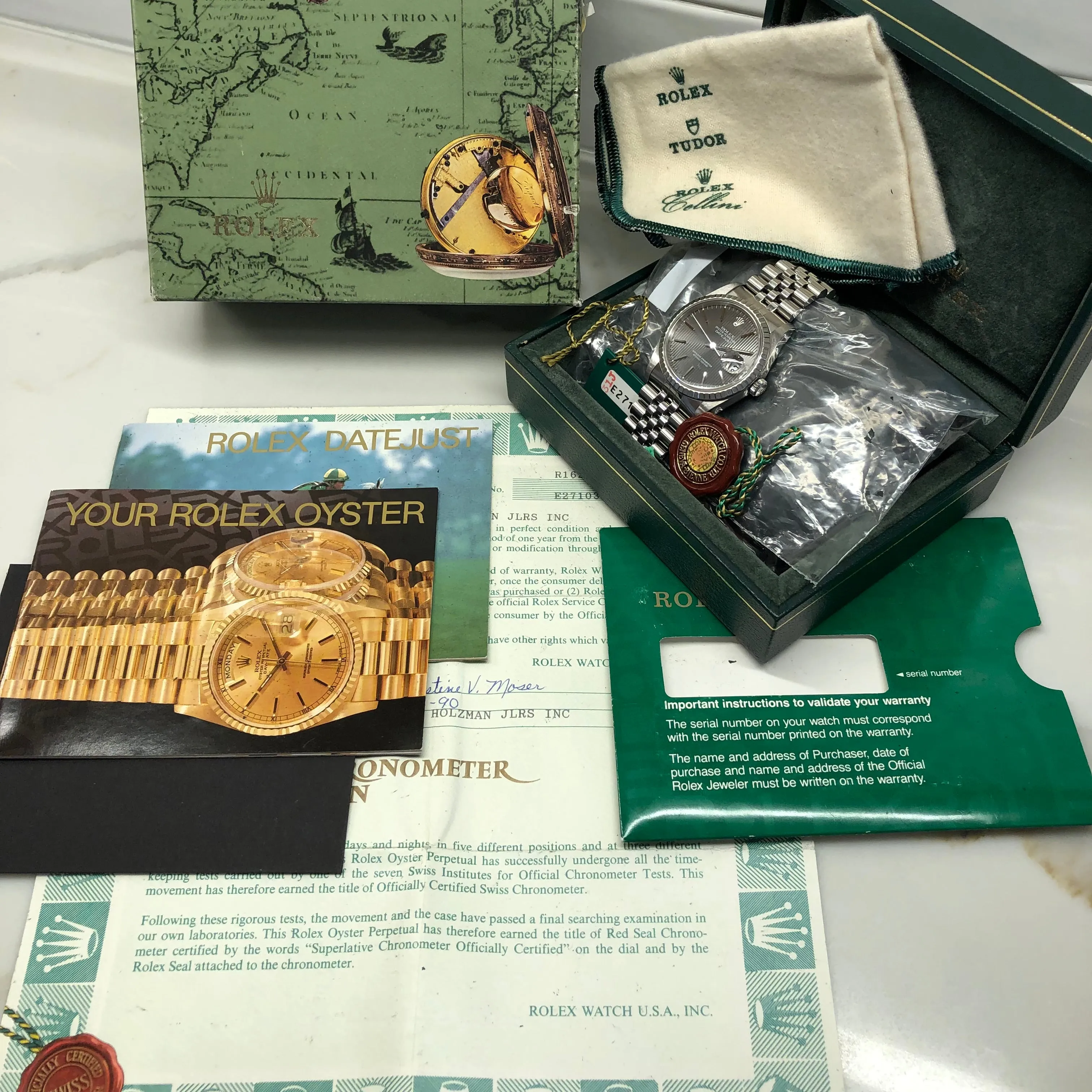 1990 Rolex Datejust 16200 Gray Tapestry Dial Engine Turned Bezel Jubilee Wristwatch Full Set