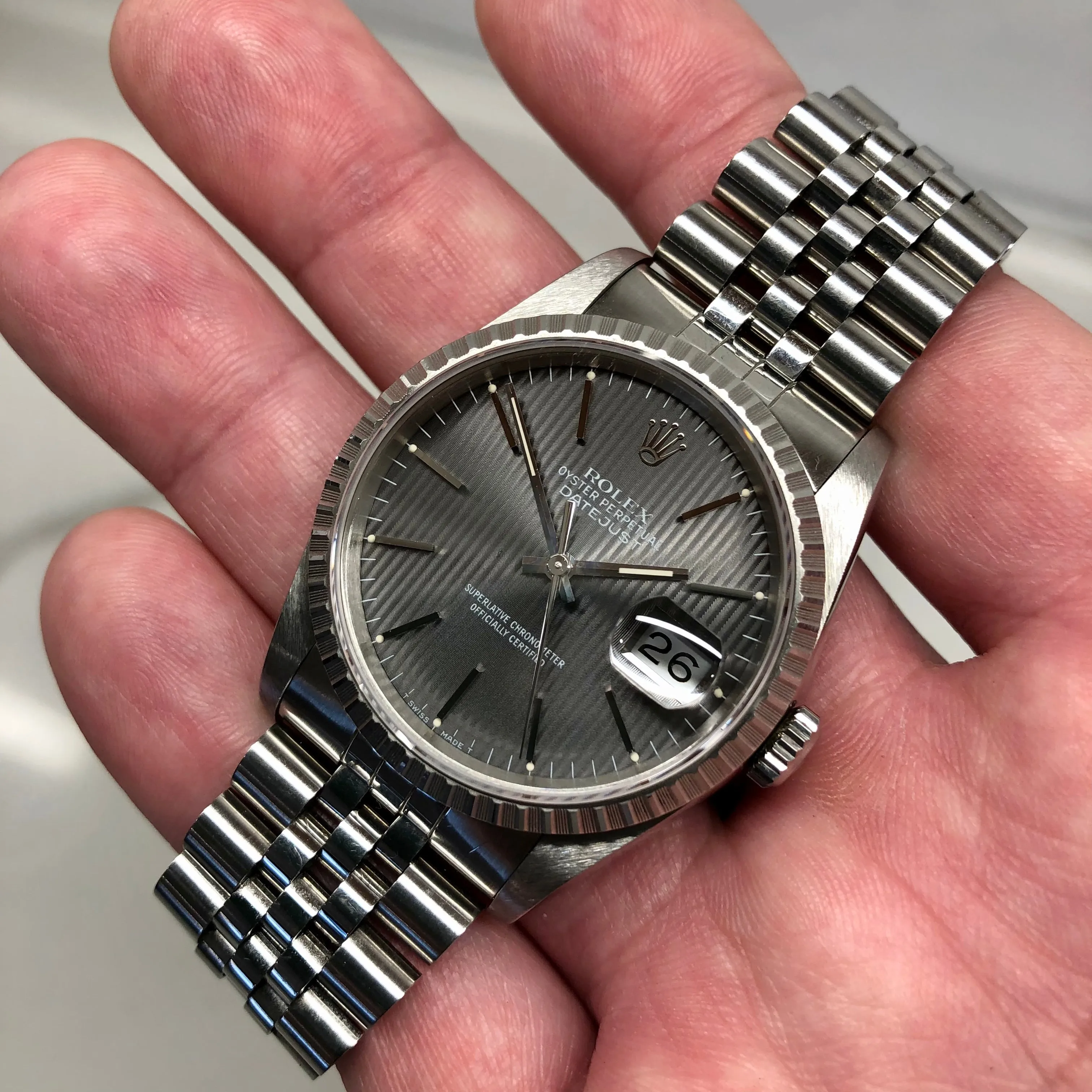 1990 Rolex Datejust 16200 Gray Tapestry Dial Engine Turned Bezel Jubilee Wristwatch Full Set