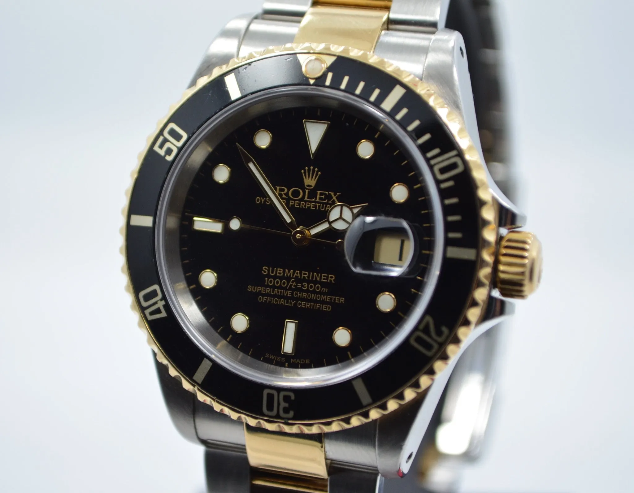 1990 Rolex Submariner 16613 Steel 18K Gold Two Tone Black "E" Serial Wristwatch