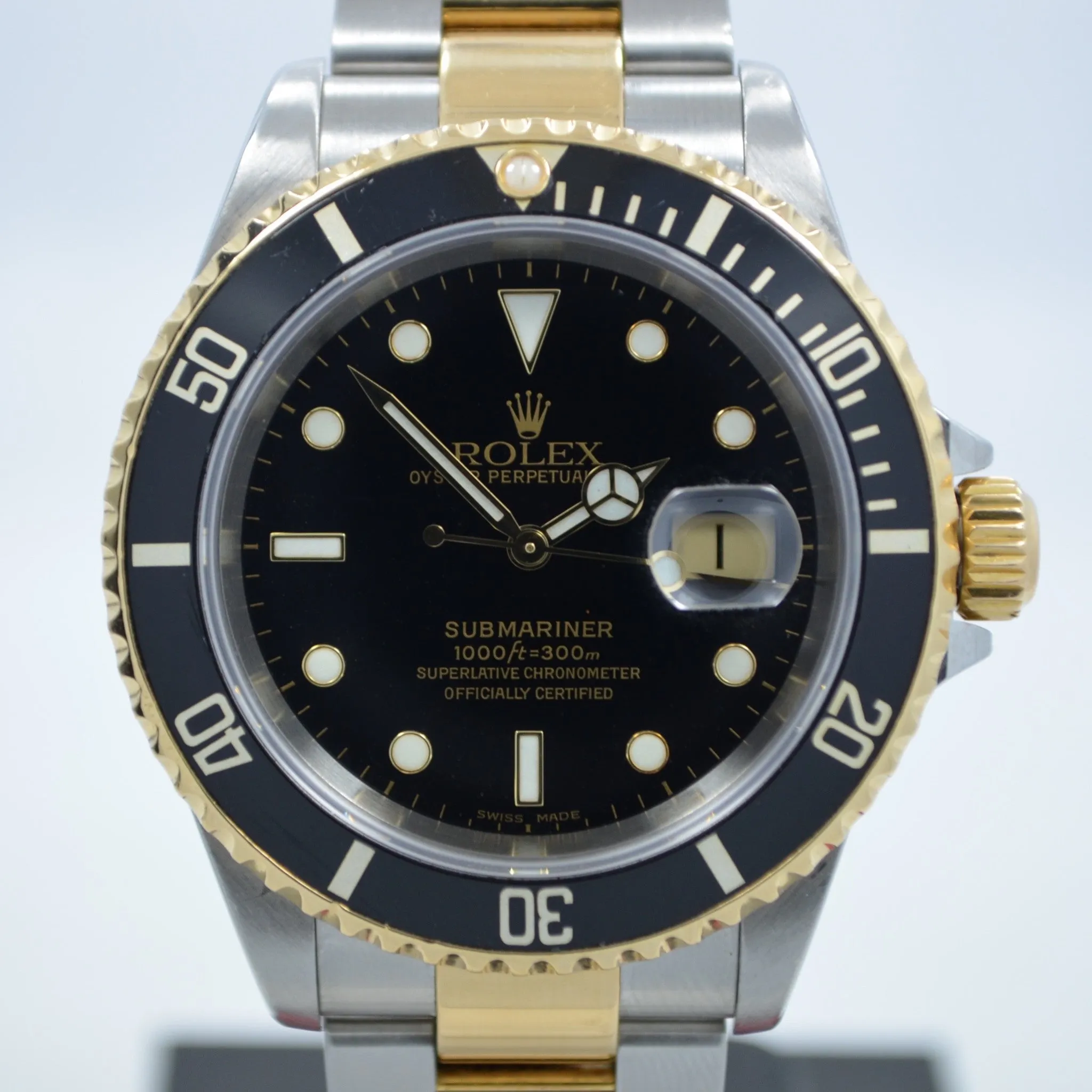 1990 Rolex Submariner 16613 Steel 18K Gold Two Tone Black "E" Serial Wristwatch