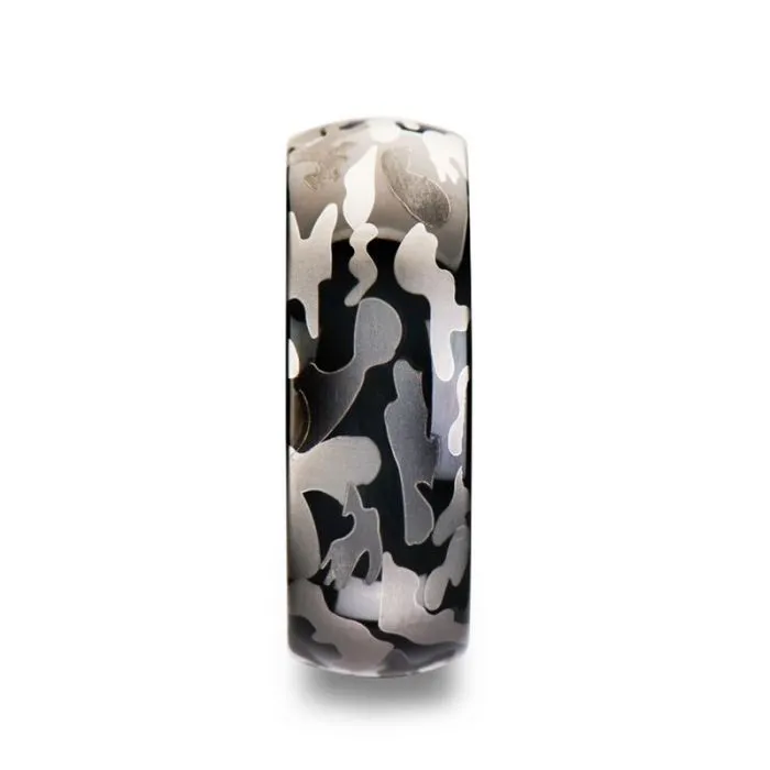 ADMIRAL Domed Black Tungsten Carbide Ring with Black and Gray Camo Pattern