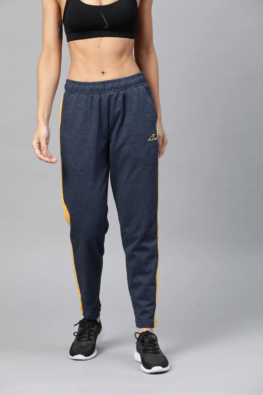 Alcis Women Navy Blue Mustard Yellow Solid Slim Fit Solid Track Pants