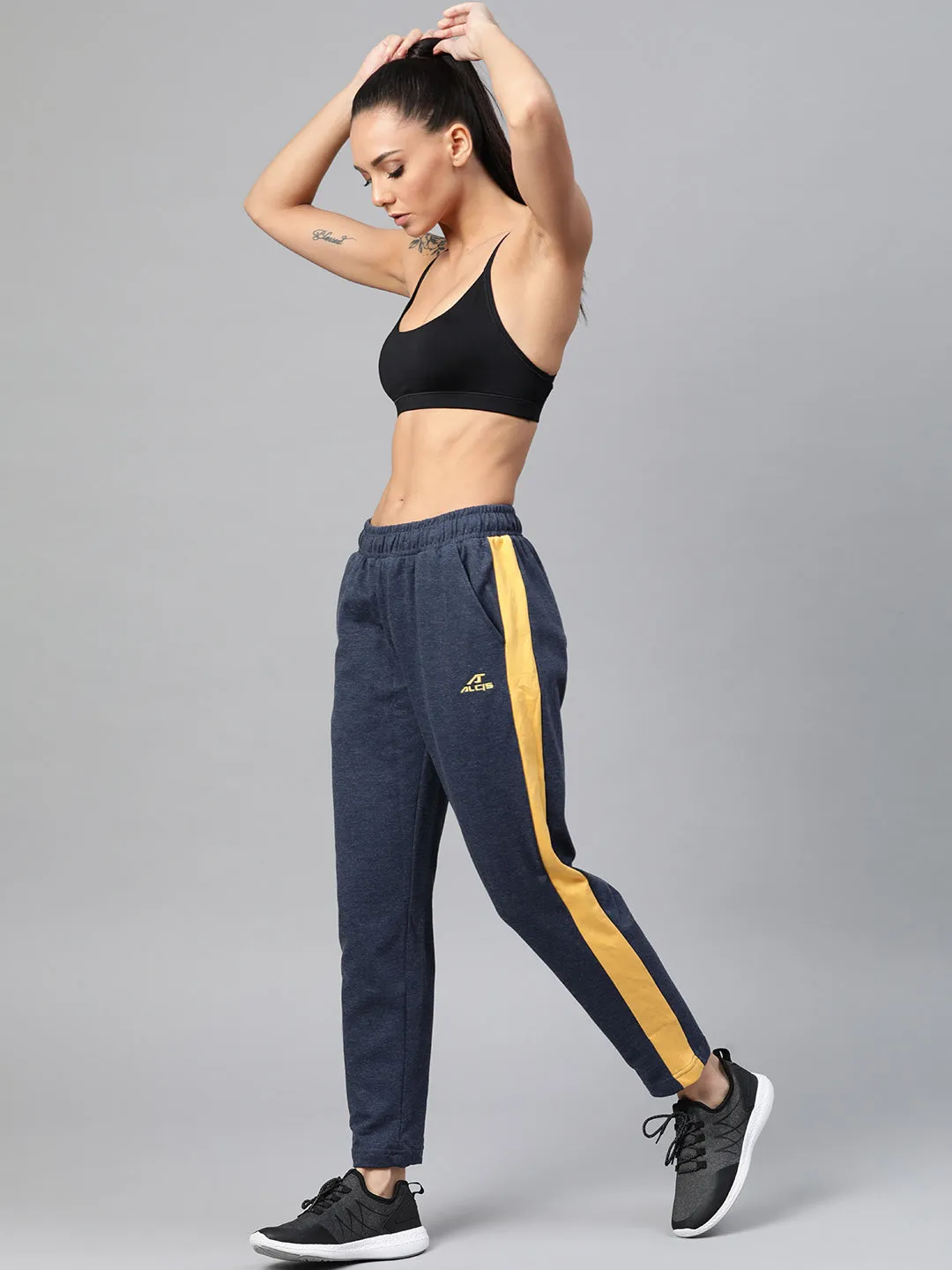 Alcis Women Navy Blue Mustard Yellow Solid Slim Fit Solid Track Pants