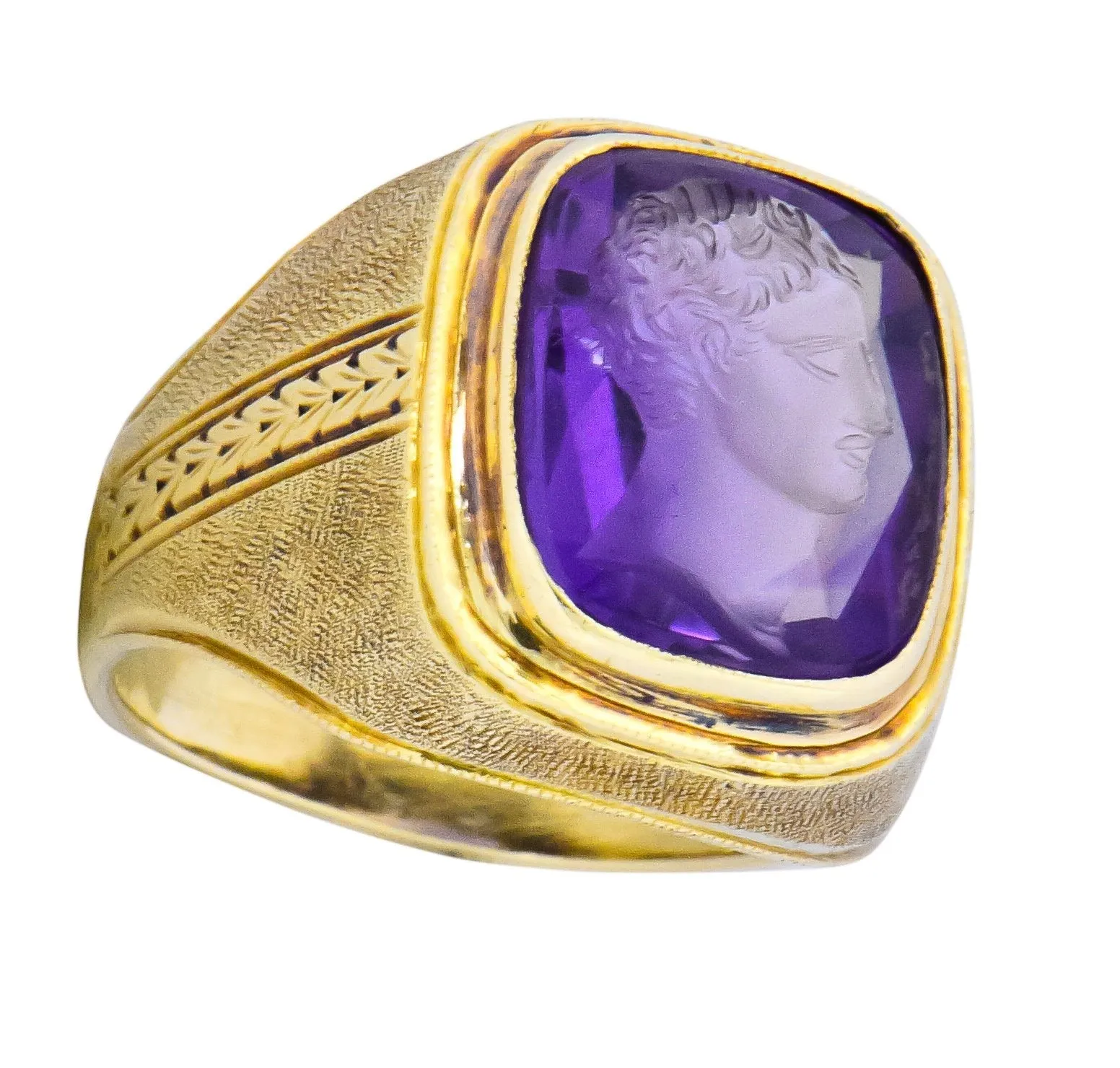 Art Nouveau Amethyst Intaglio 14 Karat Gold Unisex Ring