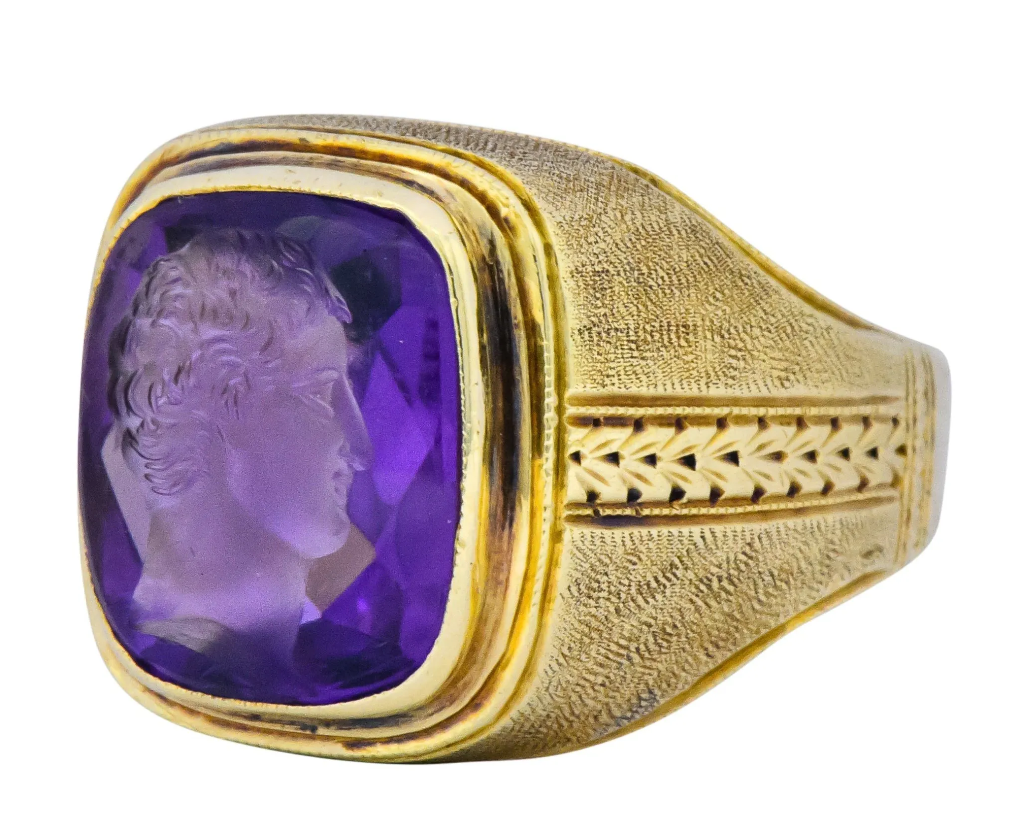 Art Nouveau Amethyst Intaglio 14 Karat Gold Unisex Ring