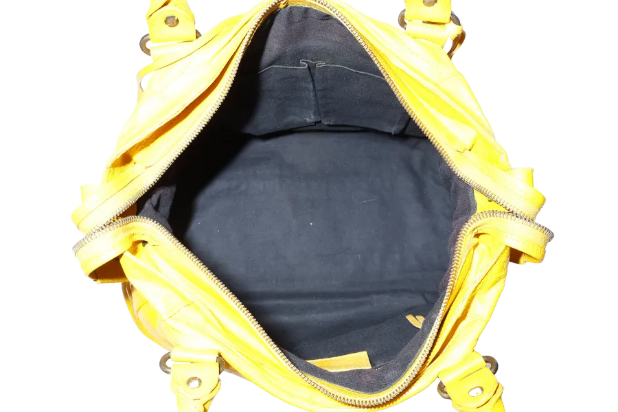 BALENCIAGA CITY VELO MUSTARD YELLOW LAMBSKIN HANDBAG WITH STRAPS AND DUST COVER