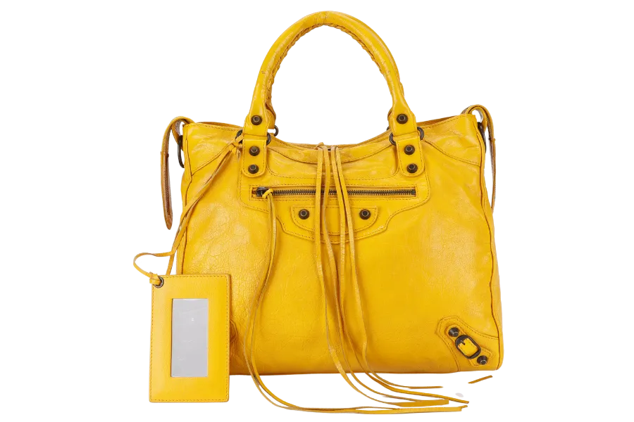 BALENCIAGA CITY VELO MUSTARD YELLOW LAMBSKIN HANDBAG WITH STRAPS AND DUST COVER