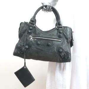 Balenciaga Giant Covered Brogues City Satchel Dark Gray Leather Shoulder Bag