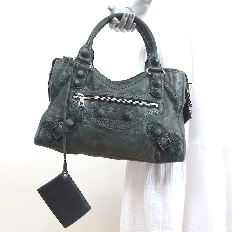 Balenciaga Giant Covered Brogues City Satchel Dark Gray Leather Shoulder Bag