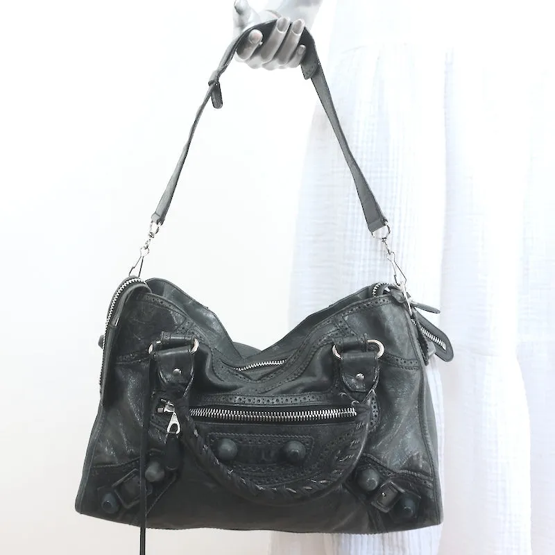 Balenciaga Giant Covered Brogues City Satchel Dark Gray Leather Shoulder Bag