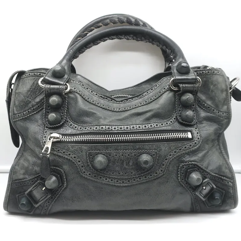 Balenciaga Giant Covered Brogues City Satchel Dark Gray Leather Shoulder Bag