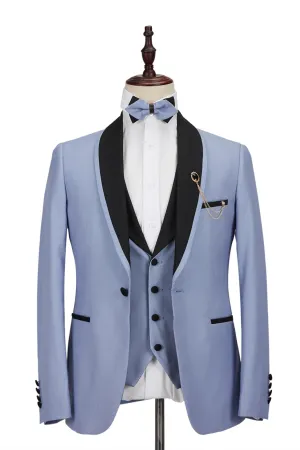 Bespoke Light Blue Stitching Black Shawl Lapel One Button Men Formal Suit for Wedding