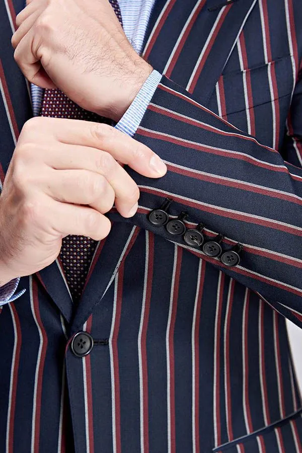 Bespoke Stripes Dark Navy Mens Suits Peak Lapel Three Flap Pockets Suits for Men