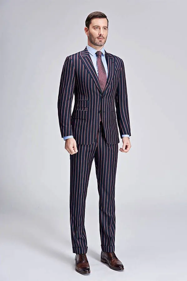 Bespoke Stripes Dark Navy Mens Suits Peak Lapel Three Flap Pockets Suits for Men