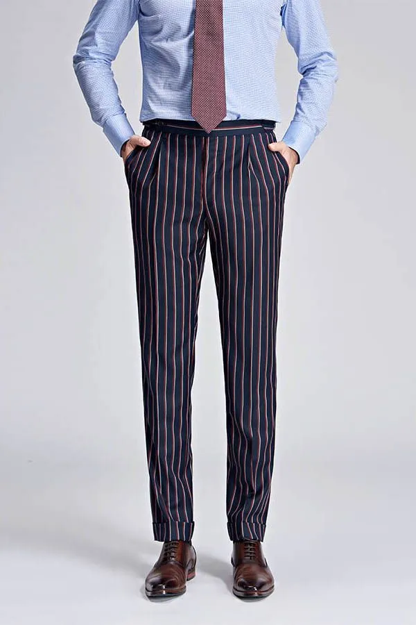 Bespoke Stripes Dark Navy Mens Suits Peak Lapel Three Flap Pockets Suits for Men