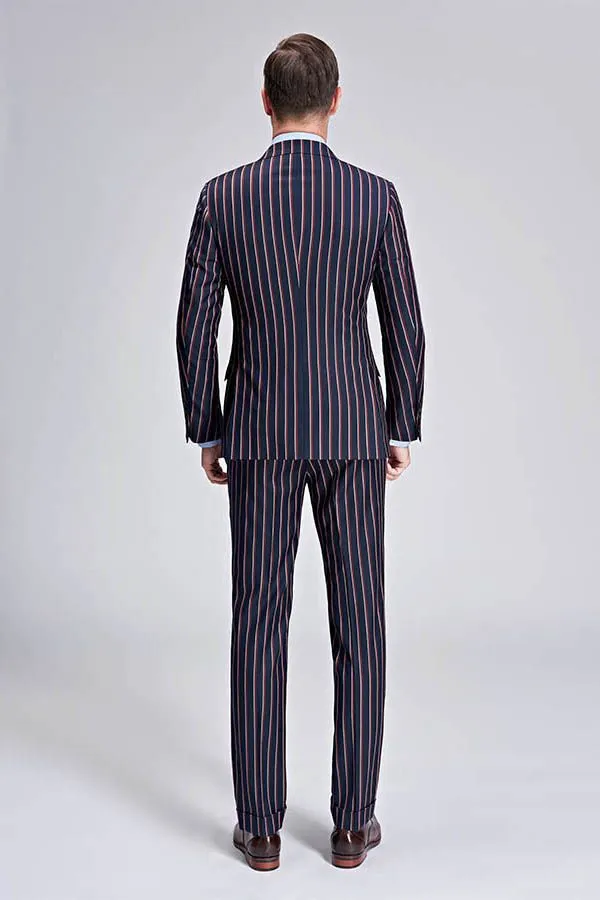 Bespoke Stripes Dark Navy Mens Suits Peak Lapel Three Flap Pockets Suits for Men