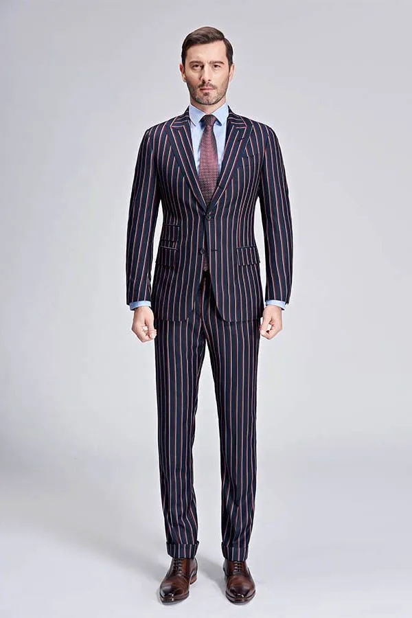 Bespoke Stripes Dark Navy Mens Suits Peak Lapel Three Flap Pockets Suits for Men