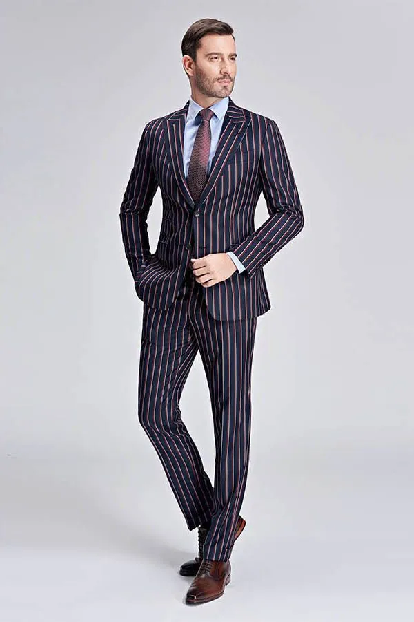 Bespoke Stripes Dark Navy Mens Suits Peak Lapel Three Flap Pockets Suits for Men