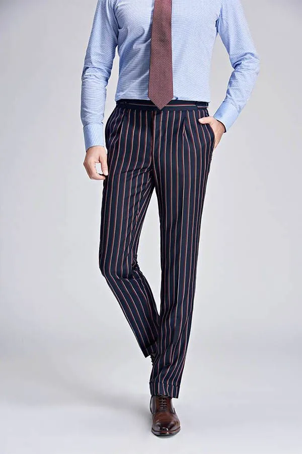Bespoke Stripes Dark Navy Mens Suits Peak Lapel Three Flap Pockets Suits for Men