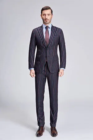 Bespoke Stripes Dark Navy Mens Suits Peak Lapel Three Flap Pockets Suits for Men