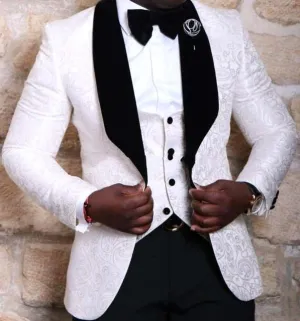 Bespoke White Wedding Groom Tuxedos Online Jacquard Three Pieces Men Suit