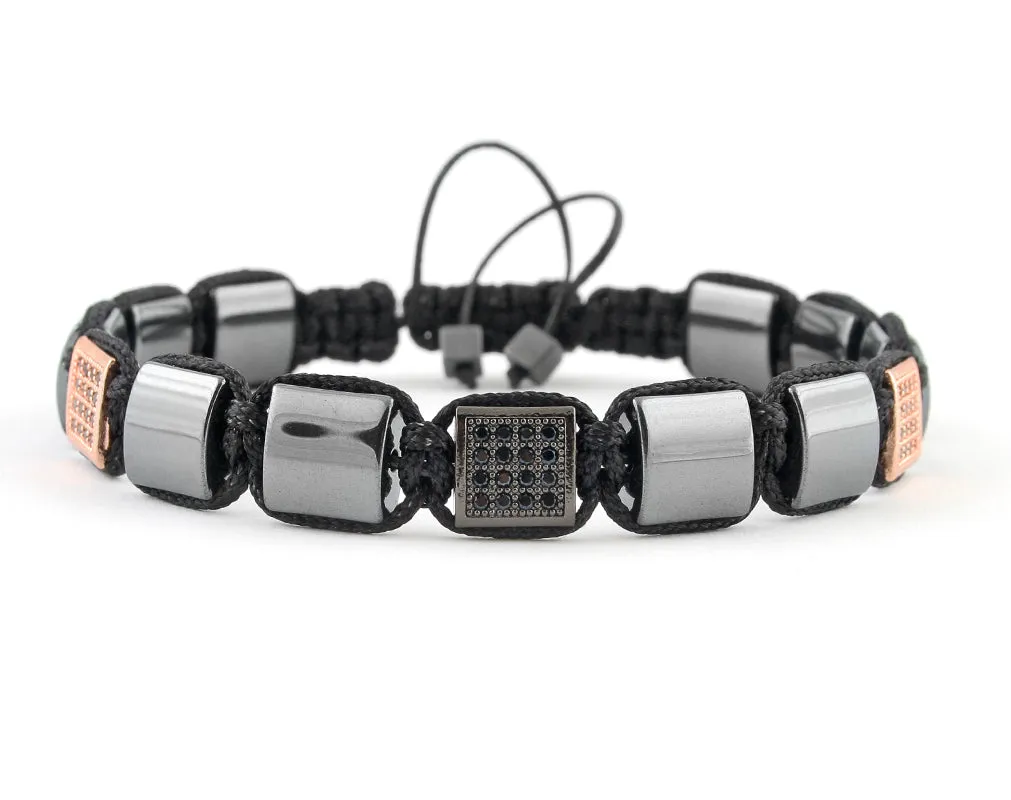 Black Flatbead Men's braided bracelet with hematite and CZ beads