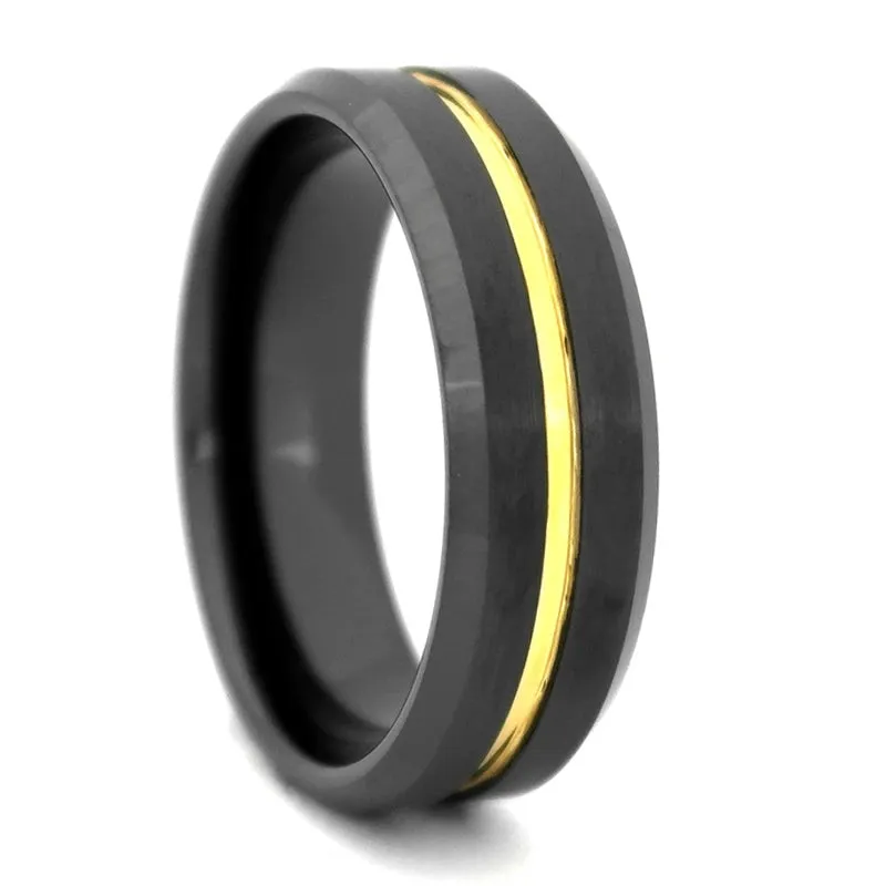 Black High-Tech Ceramic Band with Gold Color Plated Groove, Size 8 (91861)