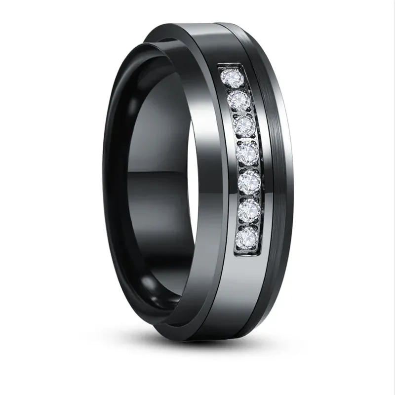 Black Tungsten Carbide Men's Ring with Diamond Inlay