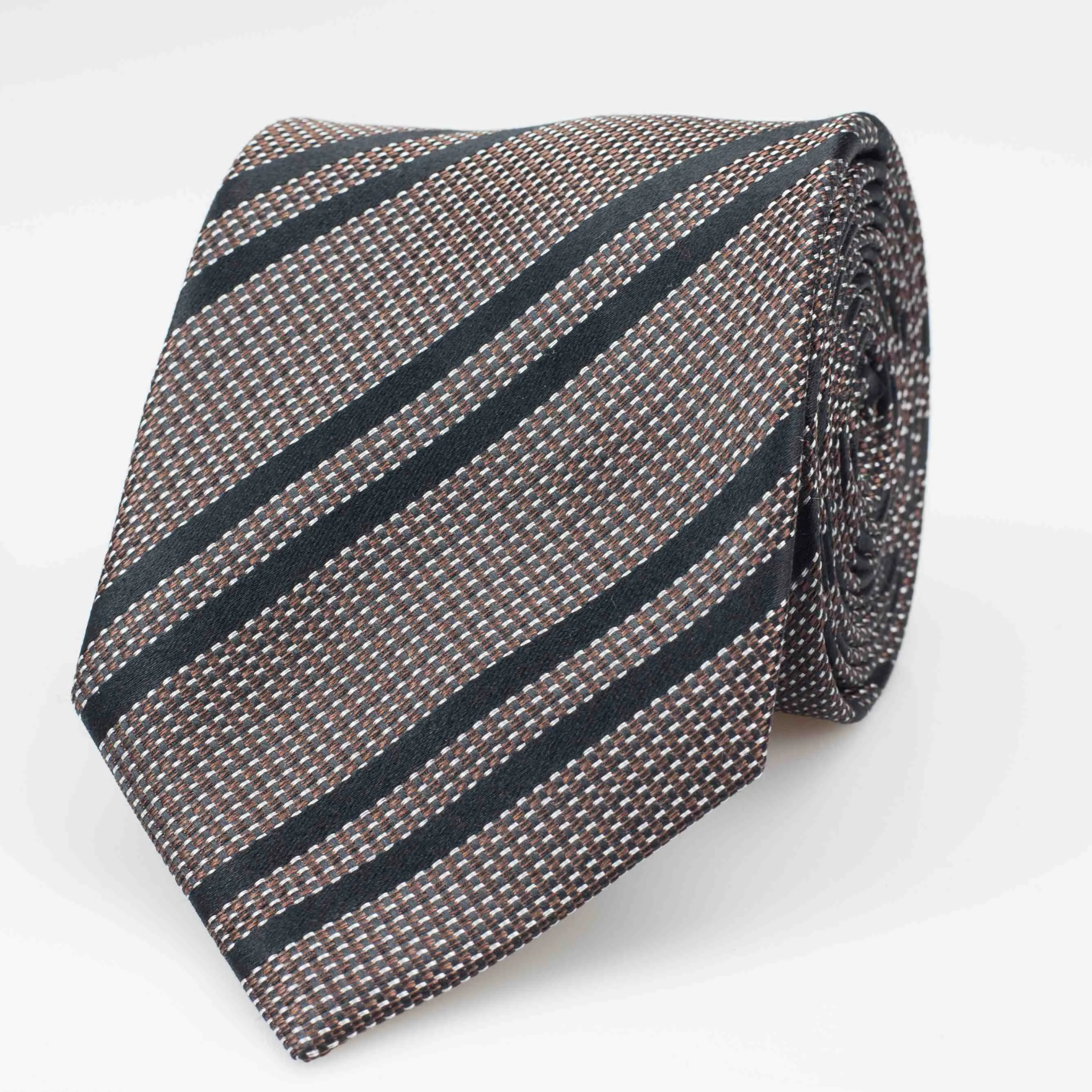 Brown and Black Striped Woven Silk Tie