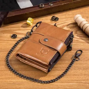 Bullcaptain Cow Leather Men Short Wallet with Chain Business Retro Double Zipper Coin Purse Bags Multi Card Slot Credit Card Holder, Male Zipper Wallet Money Clutch