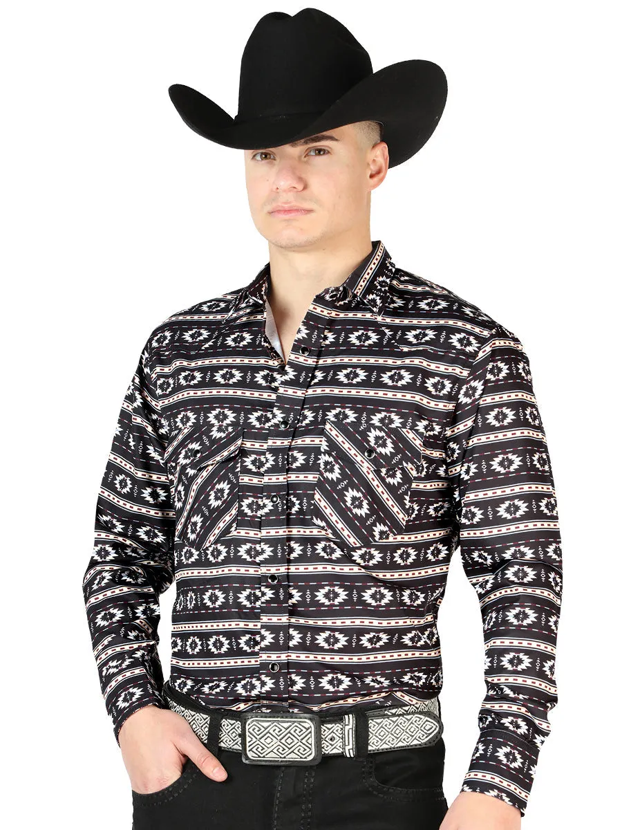 Camisa Vaquera Manga Larga Estampada Gris para Hombre 'El Señor de los Cielos' - ID: 44209