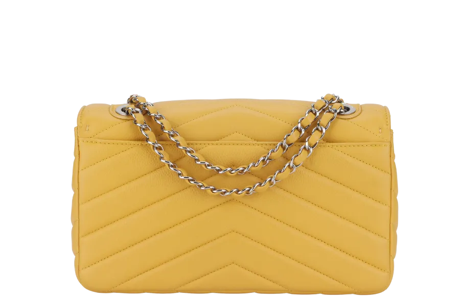 CHANEL CHEVRON FLAP (2432xxxx) MUSTARD MATTE CAVIAR SILVER HARDWARE WITH CARD AND BOX