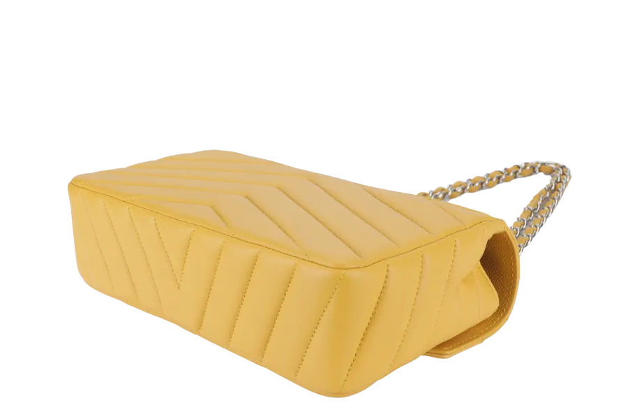 CHANEL CHEVRON FLAP (2432xxxx) MUSTARD MATTE CAVIAR SILVER HARDWARE WITH CARD AND BOX