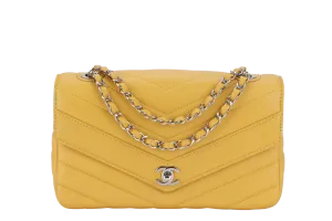 CHANEL CHEVRON FLAP (2432xxxx) MUSTARD MATTE CAVIAR SILVER HARDWARE WITH CARD AND BOX