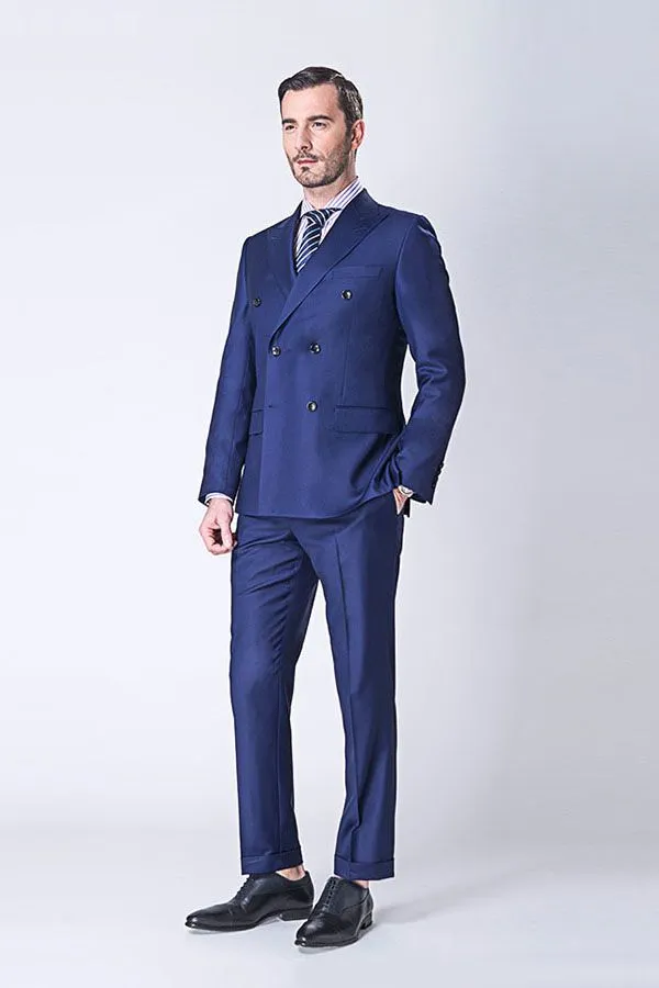 Custom design Peak Lapel Double Breasted Blue Mens Suits Online