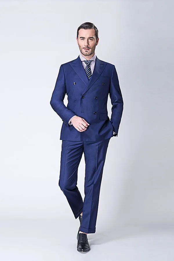 Custom design Peak Lapel Double Breasted Blue Mens Suits Online