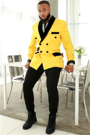 Custom design Yellow Double Breasted Slim Fit Mens Suits with Black Shawl