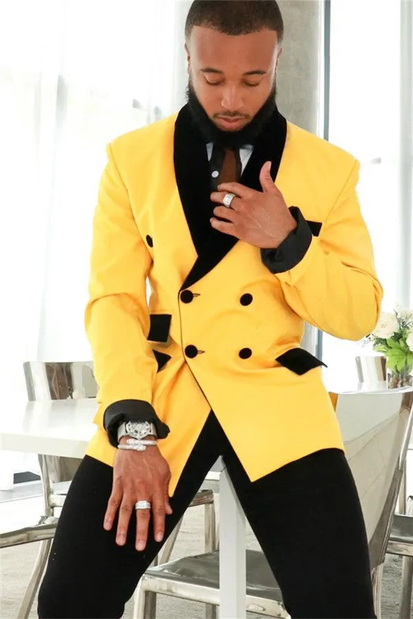 Custom design Yellow Double Breasted Slim Fit Mens Suits with Black Shawl