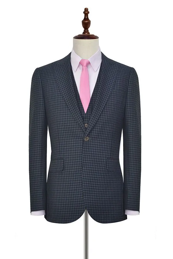 Dark Gray Small Check Three Piece Mens Suits One Button Formal Business Suits