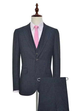Dark Gray Small Check Three Piece Mens Suits One Button Formal Business Suits