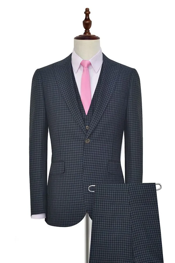 Dark Gray Small Check Three Piece Mens Suits One Button Formal Business Suits