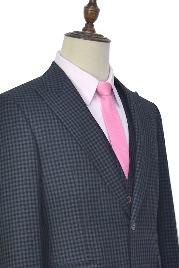 Dark Gray Small Check Three Piece Mens Suits One Button Formal Business Suits