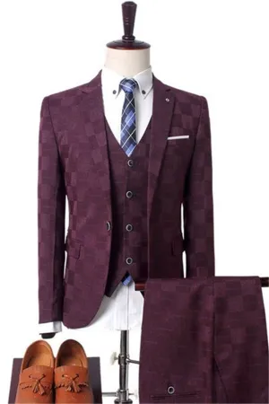 Dark Red Plaid Men's Business Suitss Men's Prom Suits with 3 Pieces