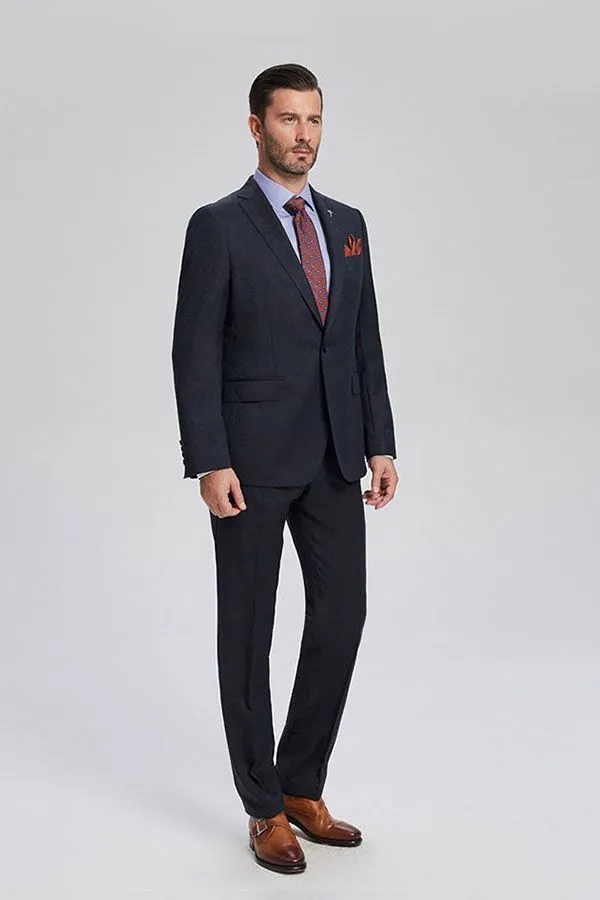 Decent Navy Blue Jacquard Mens Suits for Business