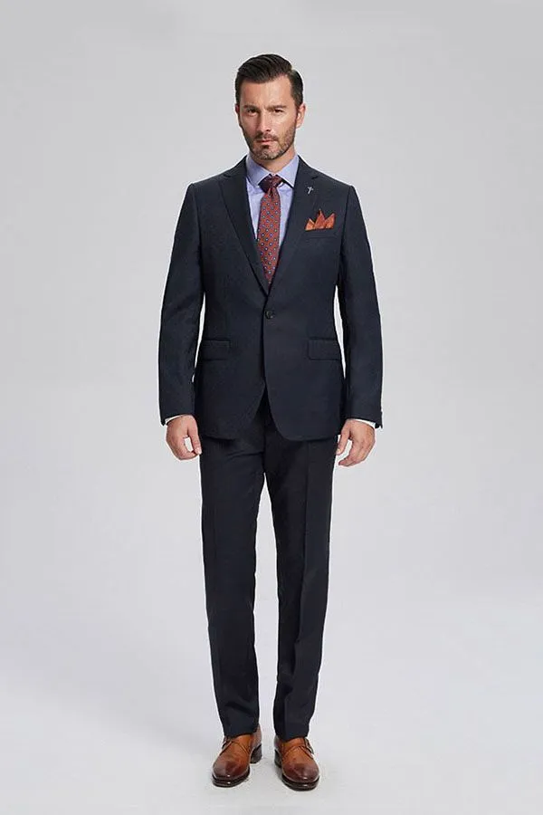 Decent Navy Blue Jacquard Mens Suits for Business