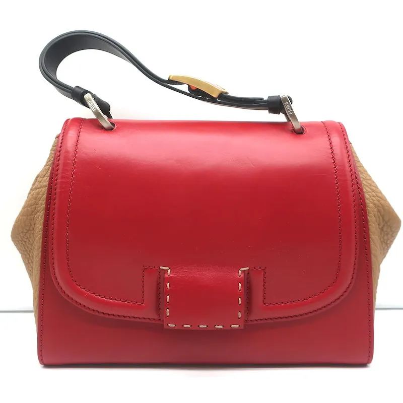 Fendi Silvana Top Handle Bag Red & Brown Leather Small Crossbody