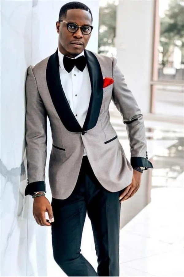 Gray One Button Wedding Groom Mens Suit with Black Lapel